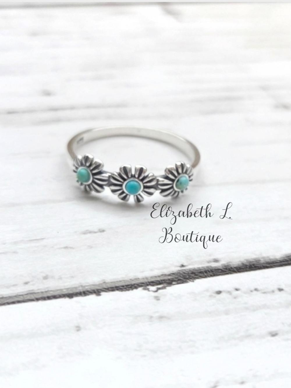 925 Sterling Silver Genuine Turquoise Flower Design Ring Boutique New!